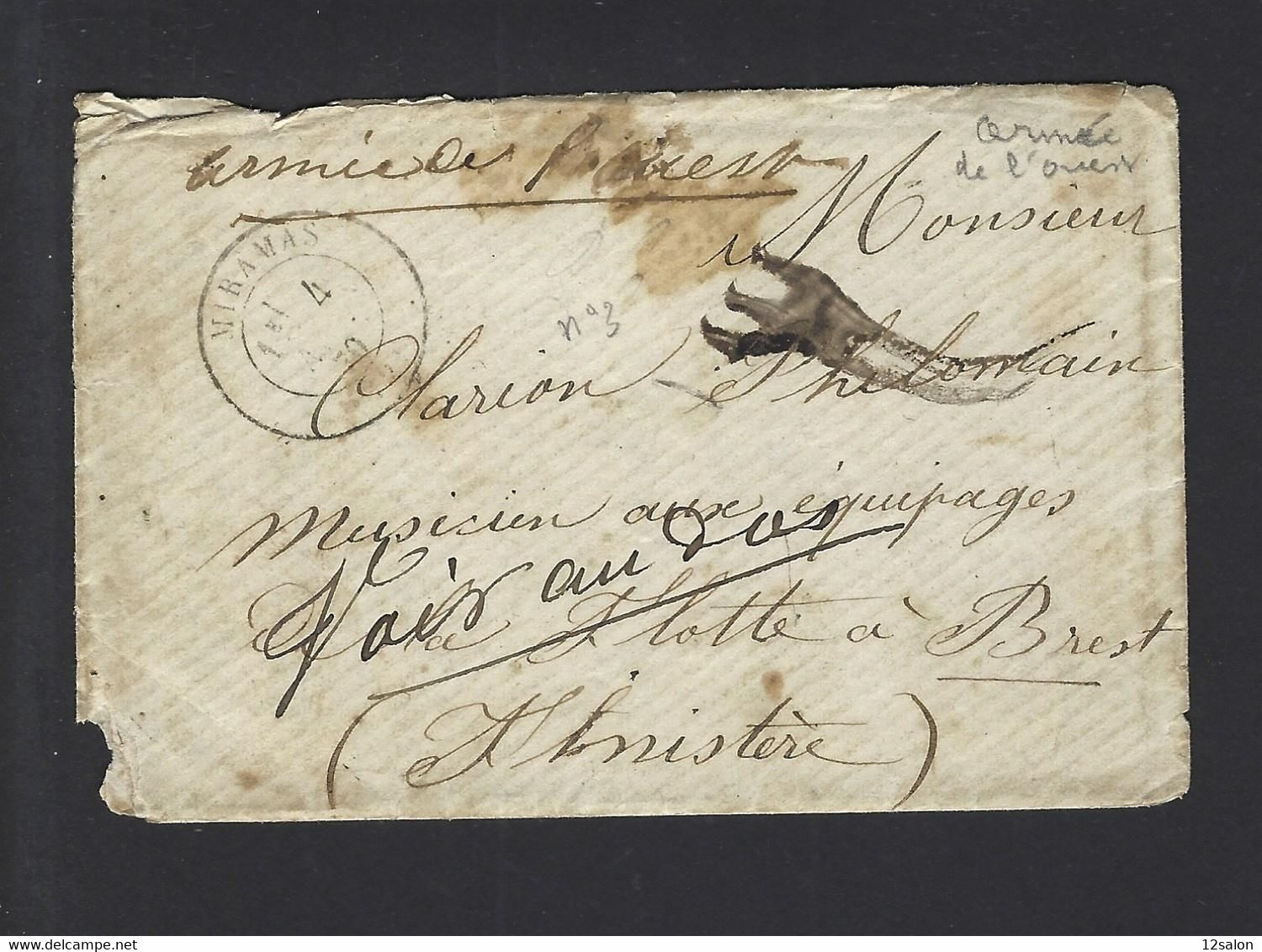 FRANCE LETTRE En PP  De MIRAMAS Pour BREST ARMEE DE L'OUEST Réexpédier Hôpital  Guerre 1870 Marine Equipage De La Flotte - Guerra Del 1870