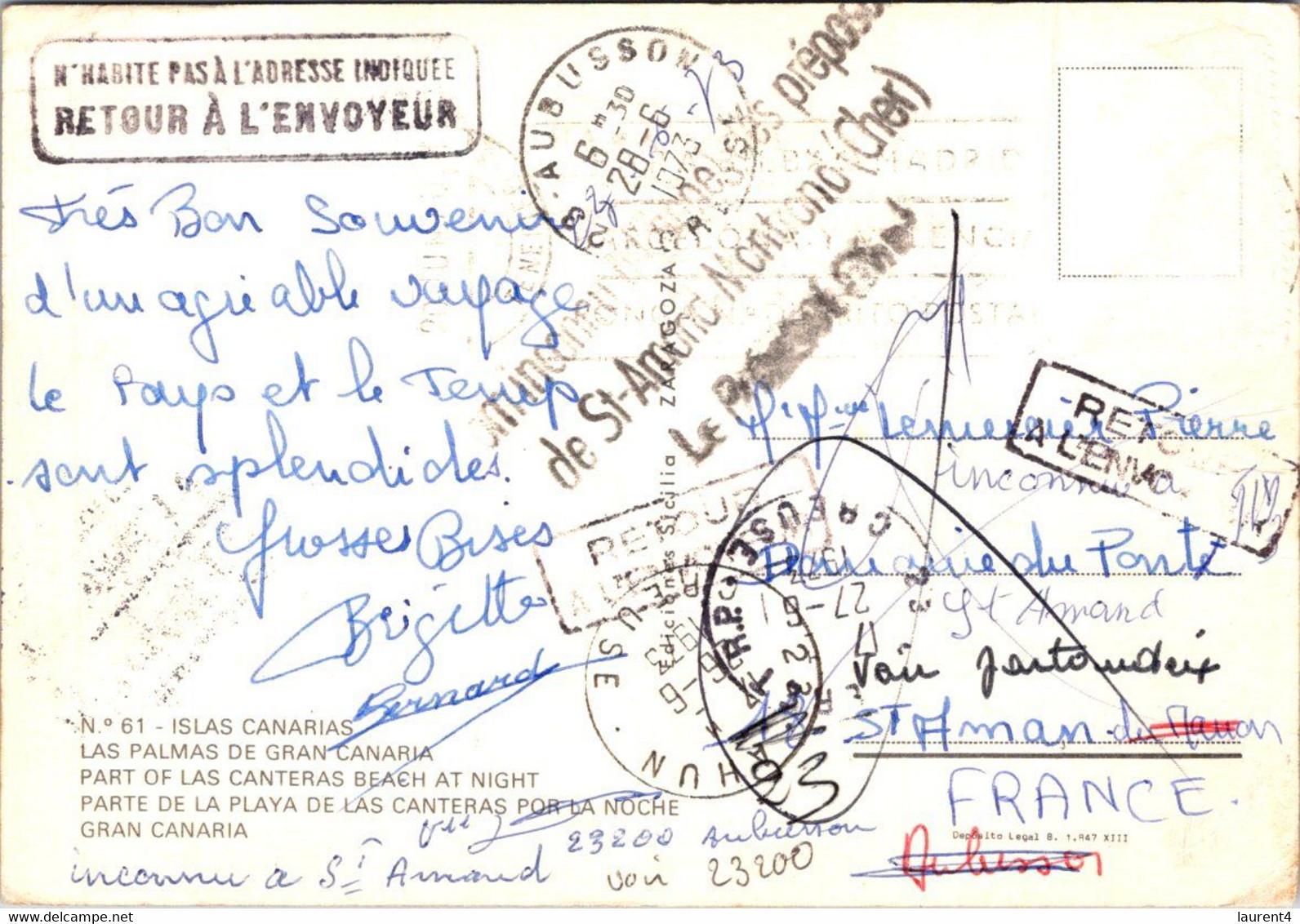 (2 Oø 19) Spain Posted To France - Islas Canarias (posted 1973) RTS - Return To Sender - Retour à L'Envoyeur - La Palma