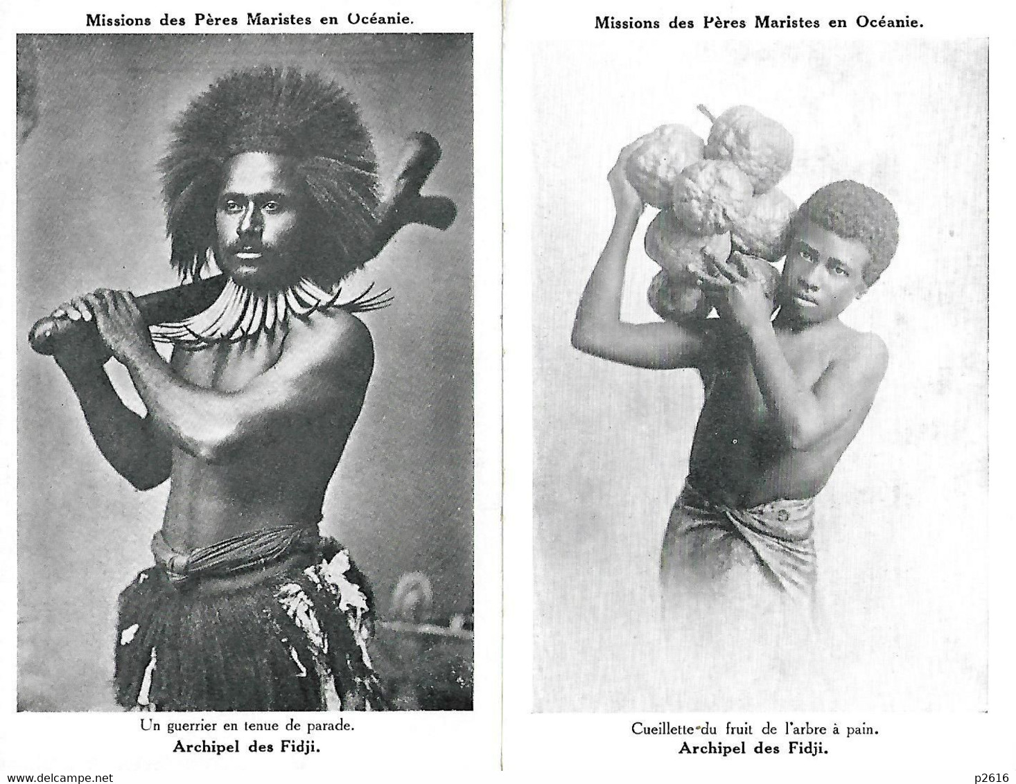 FIDJI - 2 CARTES -  MISSIONS DES PERES MARISTES N OCEANIE -  GUERRIER EN TENUE DE PARADE- CUEILLETTE DU FRUIT - Fiji