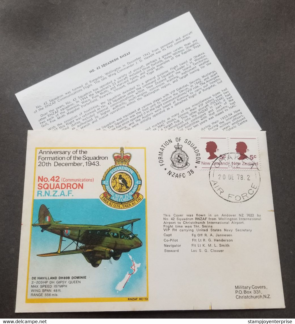 New Zealand Formation Squadron RNZAF No.42 1978 Flight Airplane Aircraft Aviation Air Force (FDC) *toning - Brieven En Documenten