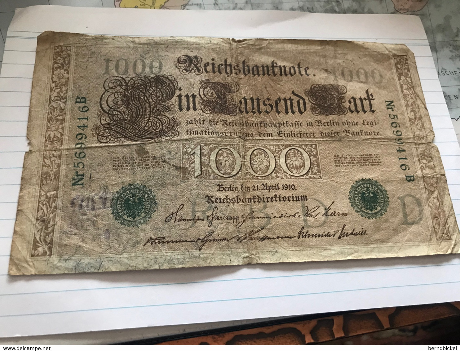 Banknote Reichsbank Deutsches Kaiserreich 1000 Mark Grünes Siegel 1910 - 1.000 Mark