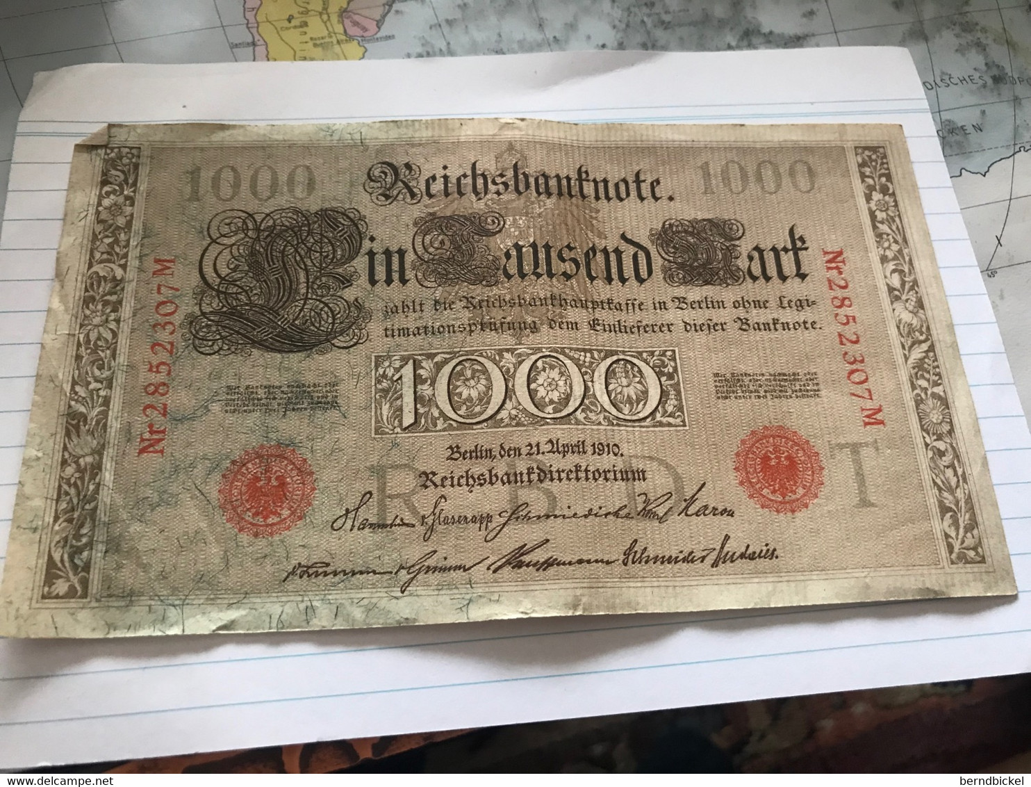 Banknote Reichsbank Deutsches Kaiserreich 1000 Mark Rotes Siegel 1910 - 1000 Mark