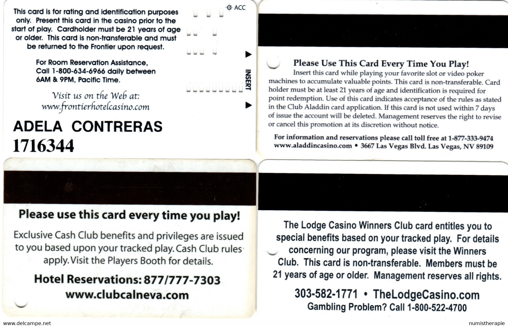 Lot De 4 Cartes Casino : New Frontier (LV) - Aladdin (LV) - Cal-Neva (Reno NV) - Lodge (Black Hawk CO) - Cartes De Casino