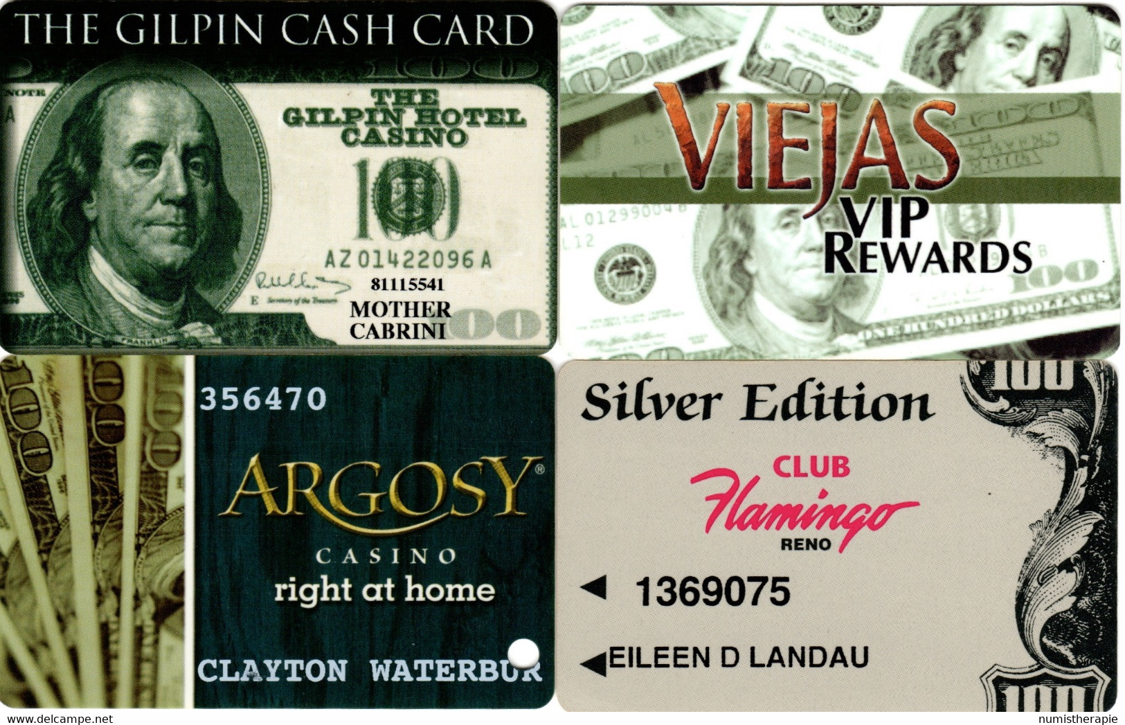 Lot De 4 Cartes Casino : Gilpin (CO) - Viejas (CA) - Argosy (IA) - Flamingo (Reno NV) - Tarjetas De Casino
