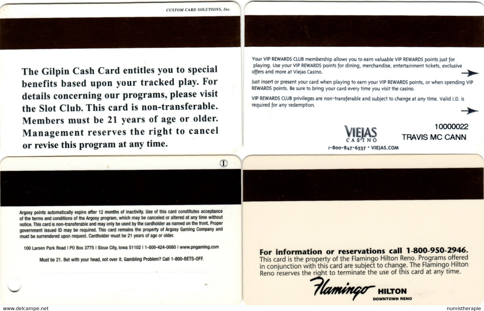 Lot De 4 Cartes Casino : Gilpin (CO) - Viejas (CA) - Argosy (IA) - Flamingo (Reno NV) - Casino Cards