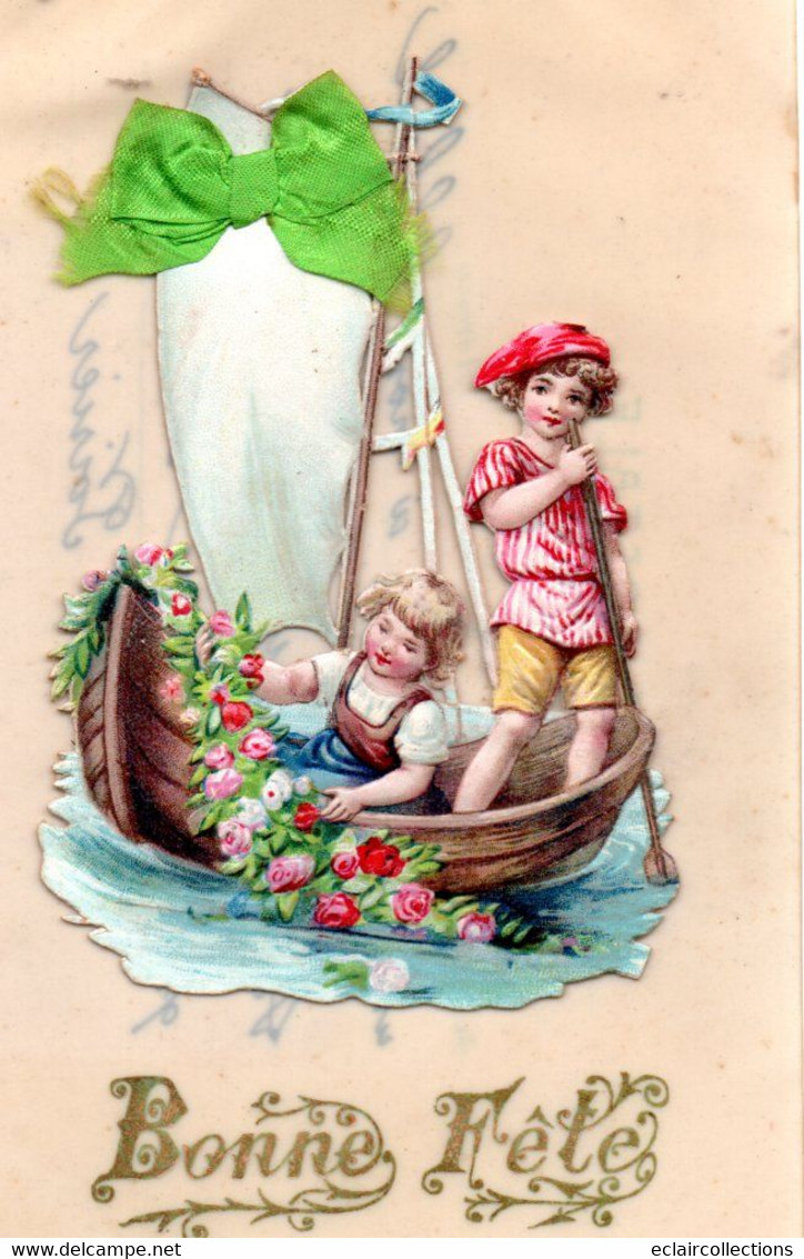 Thème. Fantaisie..  Celluloïd    Collage. Enfants Dans Une Barque . Bonne Fête.   (voir Scan) - Autres & Non Classés