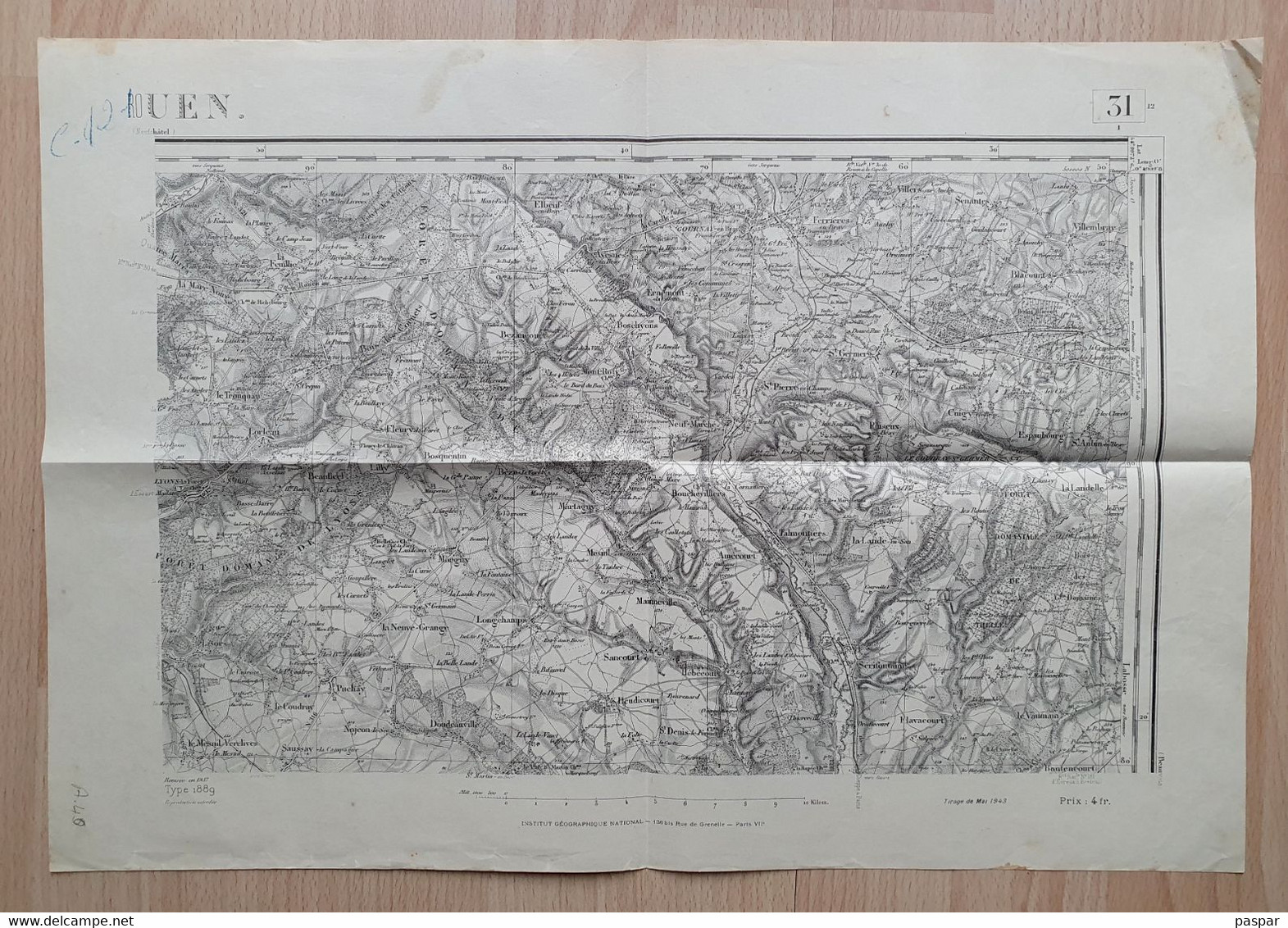 Ancienne Carte D'Etat Major Rouen Est - Gournay, Hébécourt, Forêt De Lyons - échelle 1/80 000 - 1943 - IGN - AOF - Mapas Geográficas