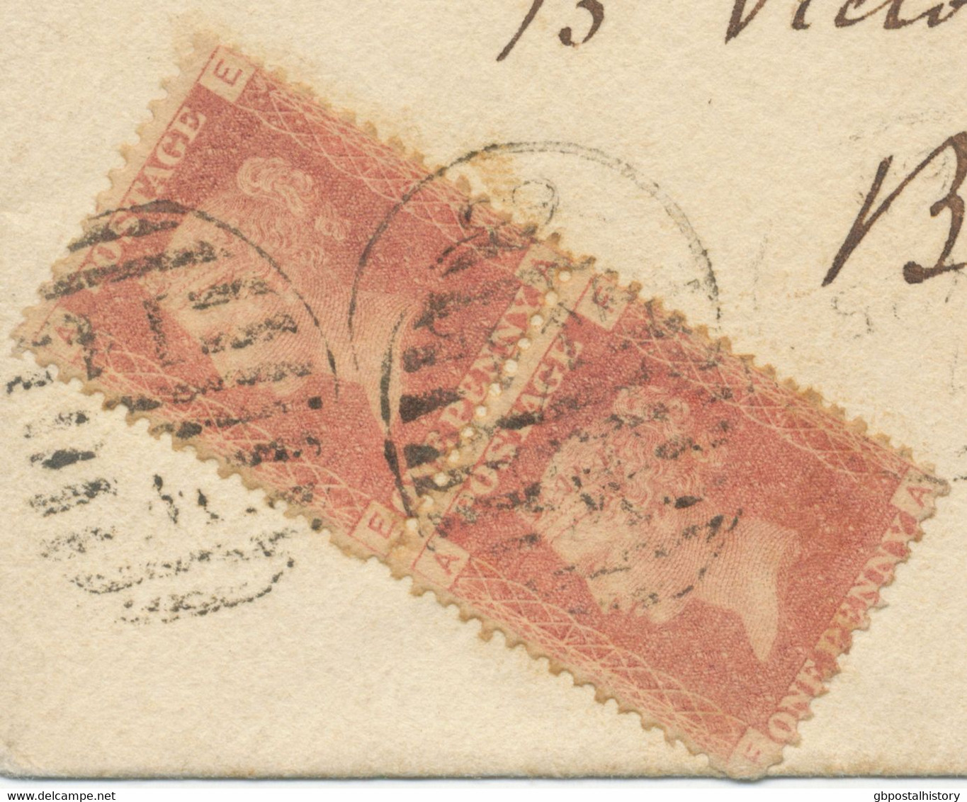 GB 1865 QV 1d Rose-red Pl.74 (pair EA-FA) Single Rate + Late Fee Both In The Left Corner, Against The Postal Regulations - Storia Postale