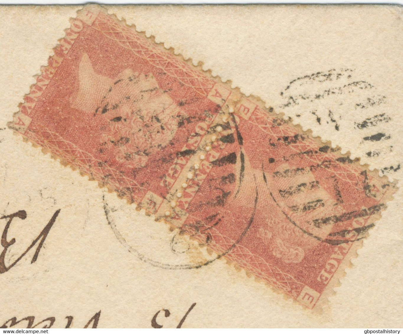 GB 1865 QV 1d Rose-red Pl.74 (pair EA-FA) Single Rate + Late Fee Both In The Left Corner, Against The Postal Regulations - Brieven En Documenten