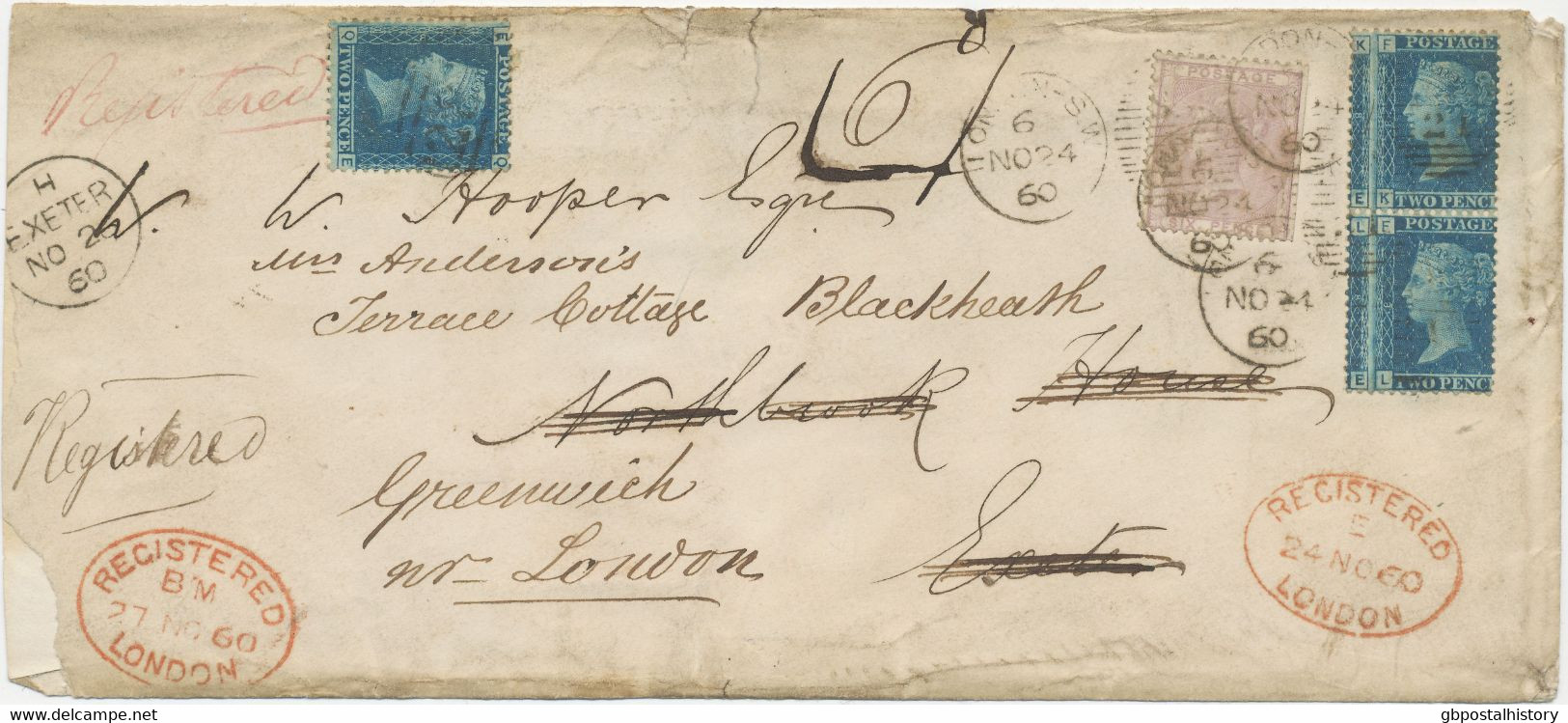 GB 1860 Fine Registered Letter LONDON - EXETER QV 2d Blue Pl.8 MAJOR VARIETIES - Lettres & Documents