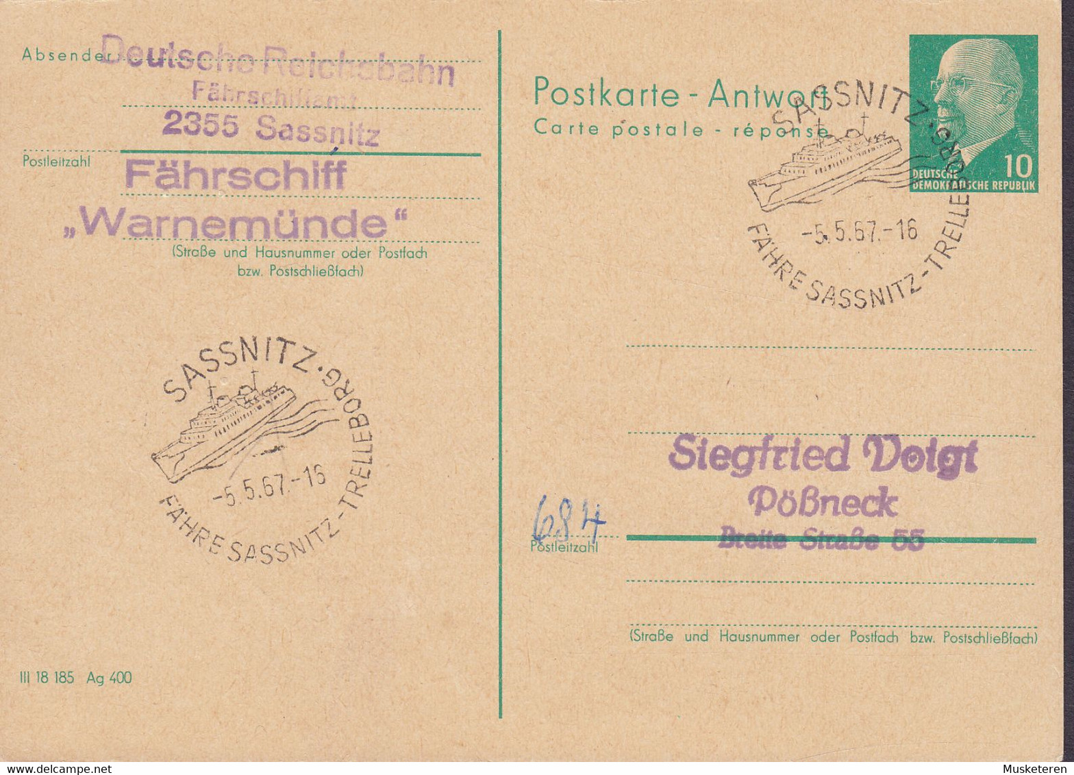 DDR Postal Stationery Ganzsache W. Ulbricht Antwort III 18 185 Ag 400 Fährschiff 'Warnemünde' SASSNITZ-TRELLEBORG 1967 - Postcards - Used