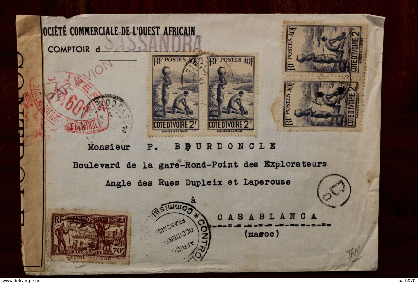 Côte D'Ivoire 1940's Sassandra France Pour Maroc Cover AOF Colonie Censure YA 601 Contrôle Postal D0 - Lettres & Documents