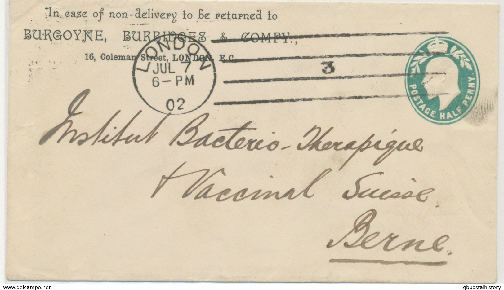 GB 1902 Superb EVII ½d Bluegreen Stamped To Order Postal Stationery Envelope (Burgoyne, Burbidges & Company, London E.C. - Briefe U. Dokumente