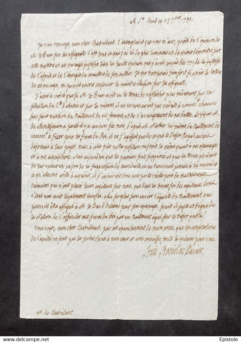 LOUIS XVIII Roi De France – Lettre Autographe Signée – Révolution, Assignats & Famille Royale - 1790 - Personajes Historicos