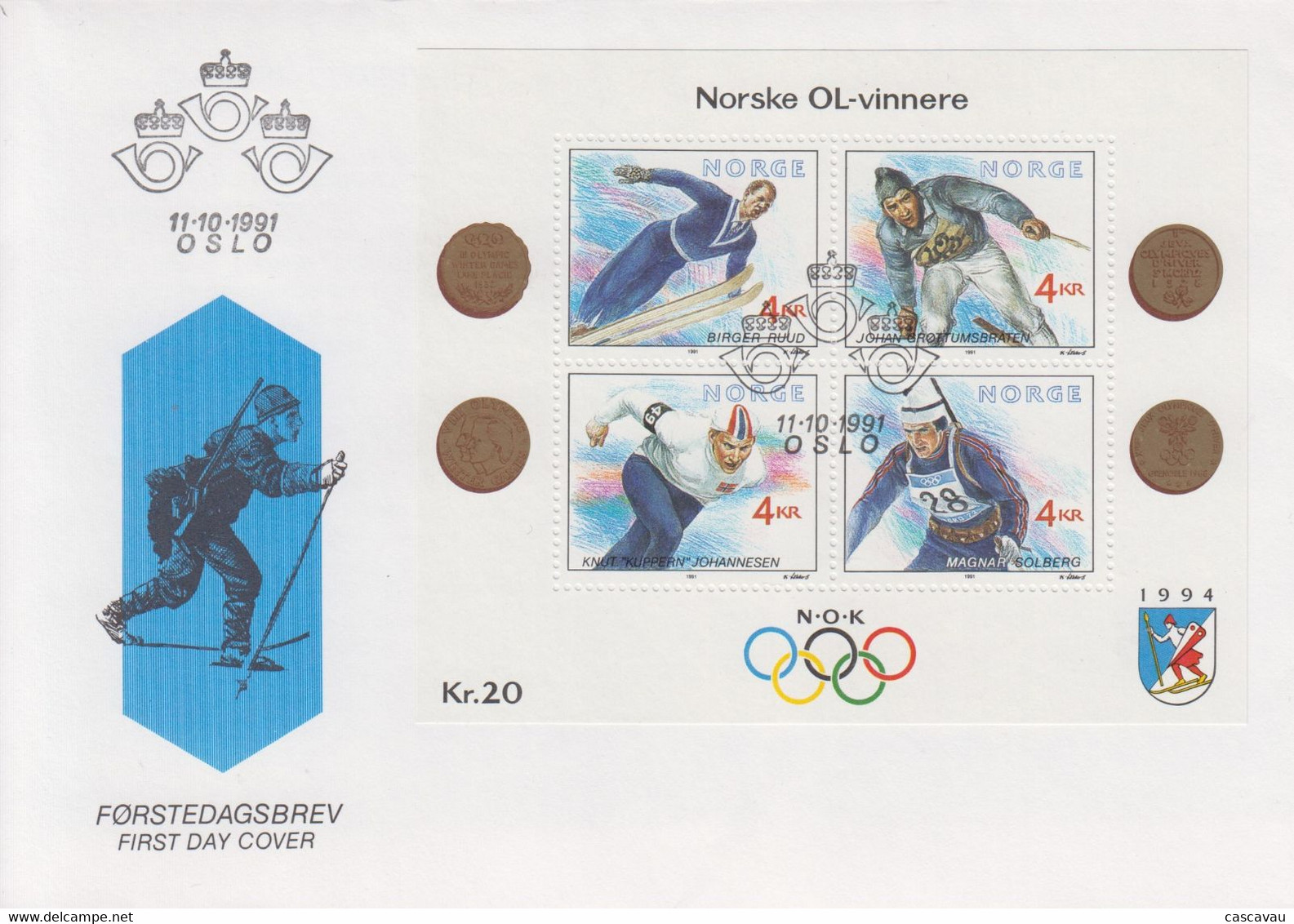 Enveloppe  FDC   1er  Jour   NORVEGE   Bloc  Feuillet   Jeux   Olympiques   De   LILLEHAMMER    1994 - FDC