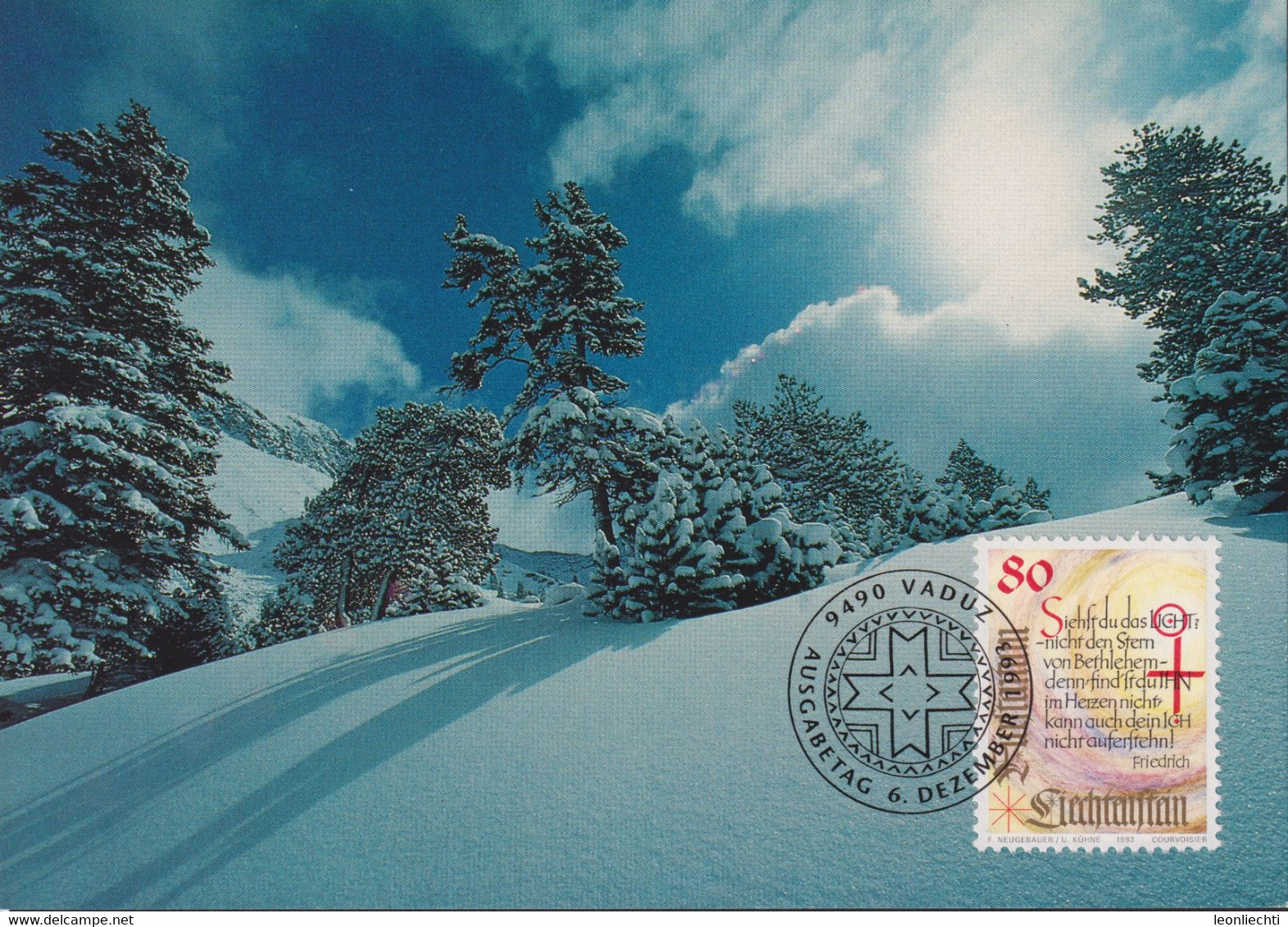 1993 Liechtenstein MC 120 Mi:LI 1074°, Yt:LI 1015°, Zum:LI 1016°, Weihnachten, Th. Friedrich Gedicht, Winterlandschaft - Covers & Documents