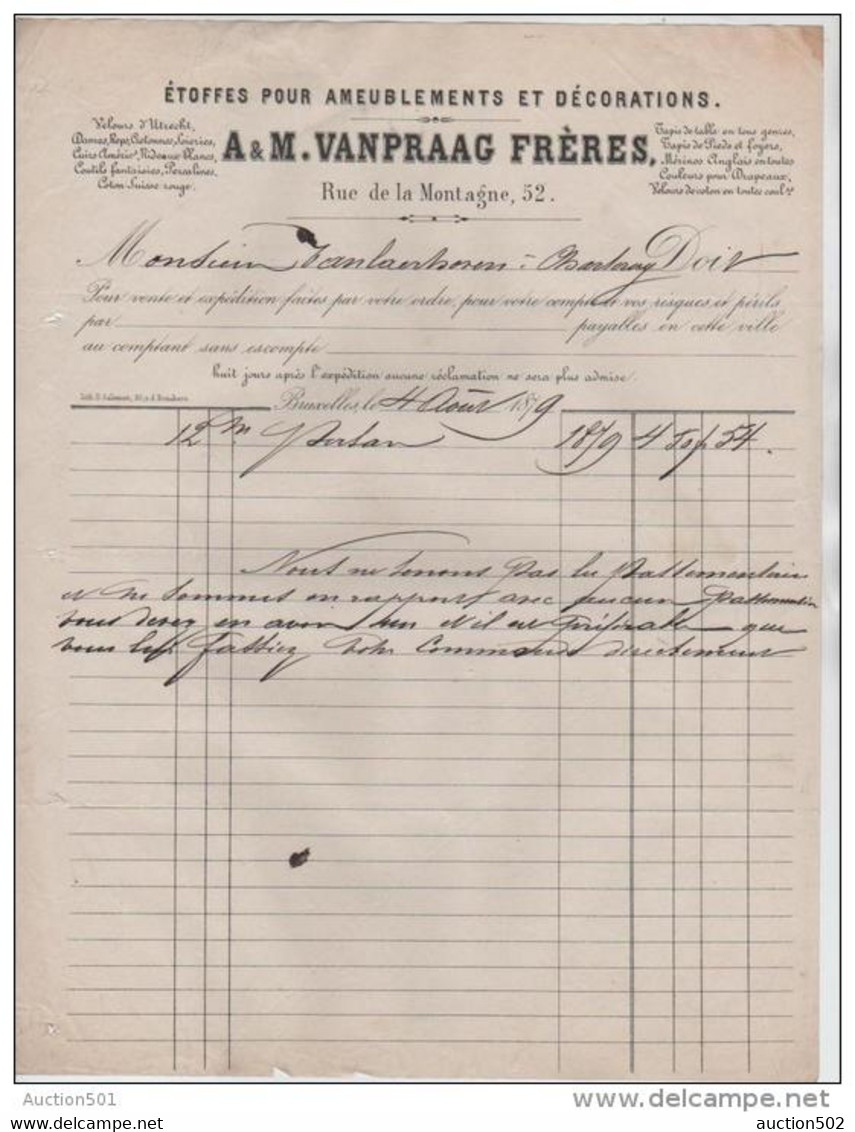 00315a Bruxelles 1879 Facture A & M Vanpraag Frères Rue De La Montagne Etoffes Ameublements Décorations - 1800 – 1899