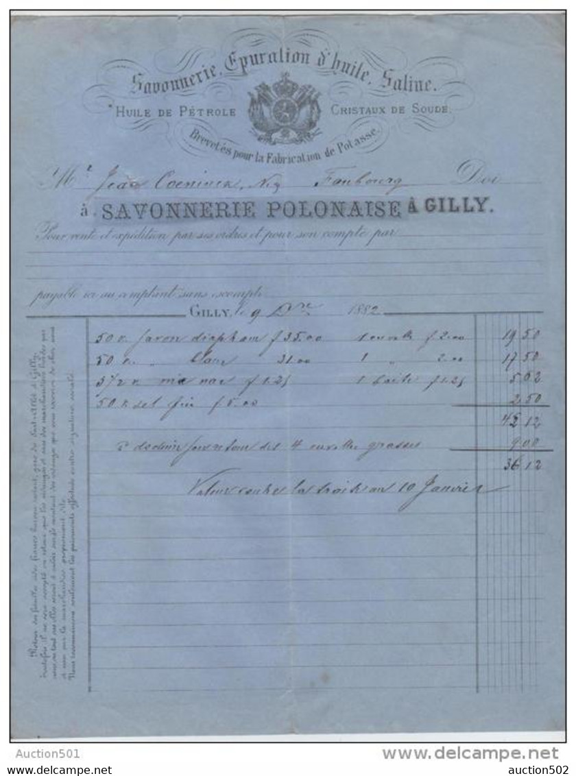 00407a Gilly 1882 Facture Savonnerie Polonaise Pour Negociant Coeninck - Drogerie & Parfümerie