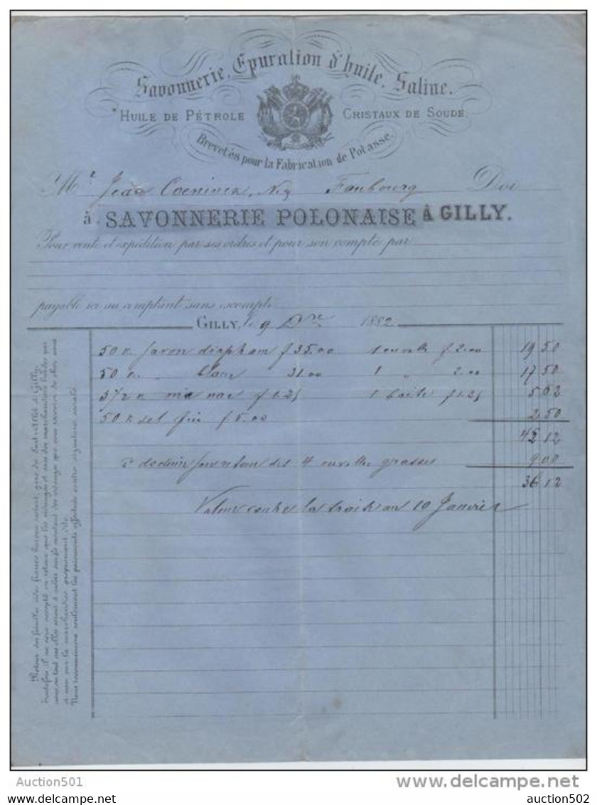 00407a Gilly 1882 Facture Savonnerie Polonaise Pour Negociant Coeninck - Profumeria & Drogheria