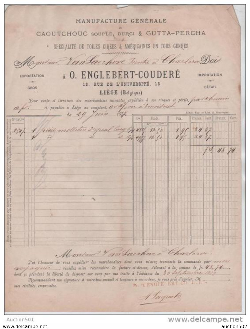 00416a Liège 1877 Facture De O. Englebert-Couderé Caoutchouc Pour Peintre Entrepreneur - Other & Unclassified
