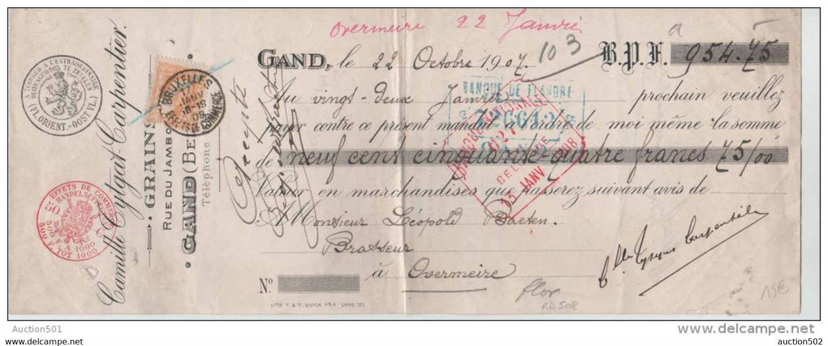 00417a Bruxelles (effet De Commerce) De Gand 1907 TP79 1Fr Perforé B.F Banque De Flandre Mandat De 954,75 Fr - 1863-09