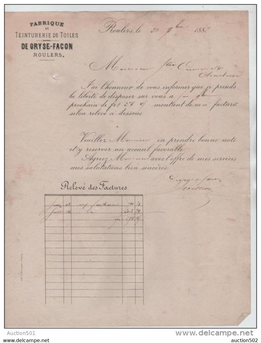 00486a Roulers 1882 3 Documents Fabrique DE GRYSE-FACON Teinturerie De Toiles Trou D'archive - Other & Unclassified