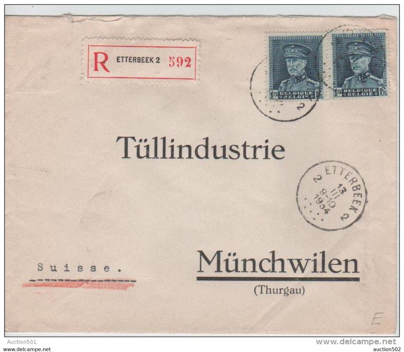 00614a Etterbeek 1934 Recom. TP Albert Kepi V. Münchwilen (CH) C. Arrivée - 1931-1934 Képi