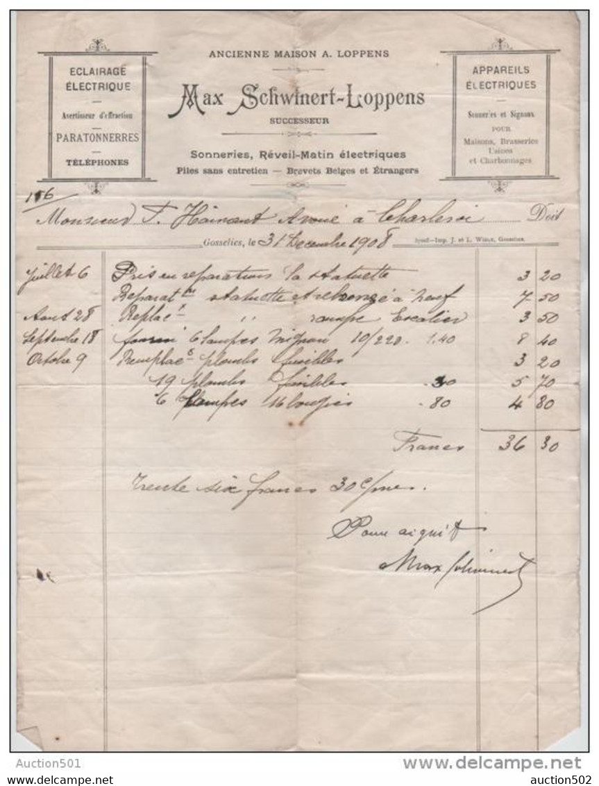 01005a Gosselies 1908 Facture De M. Schwinert-Loppens + Reçu Daté 1909 TP 75 Firme D'appareils électriques - Other & Unclassified