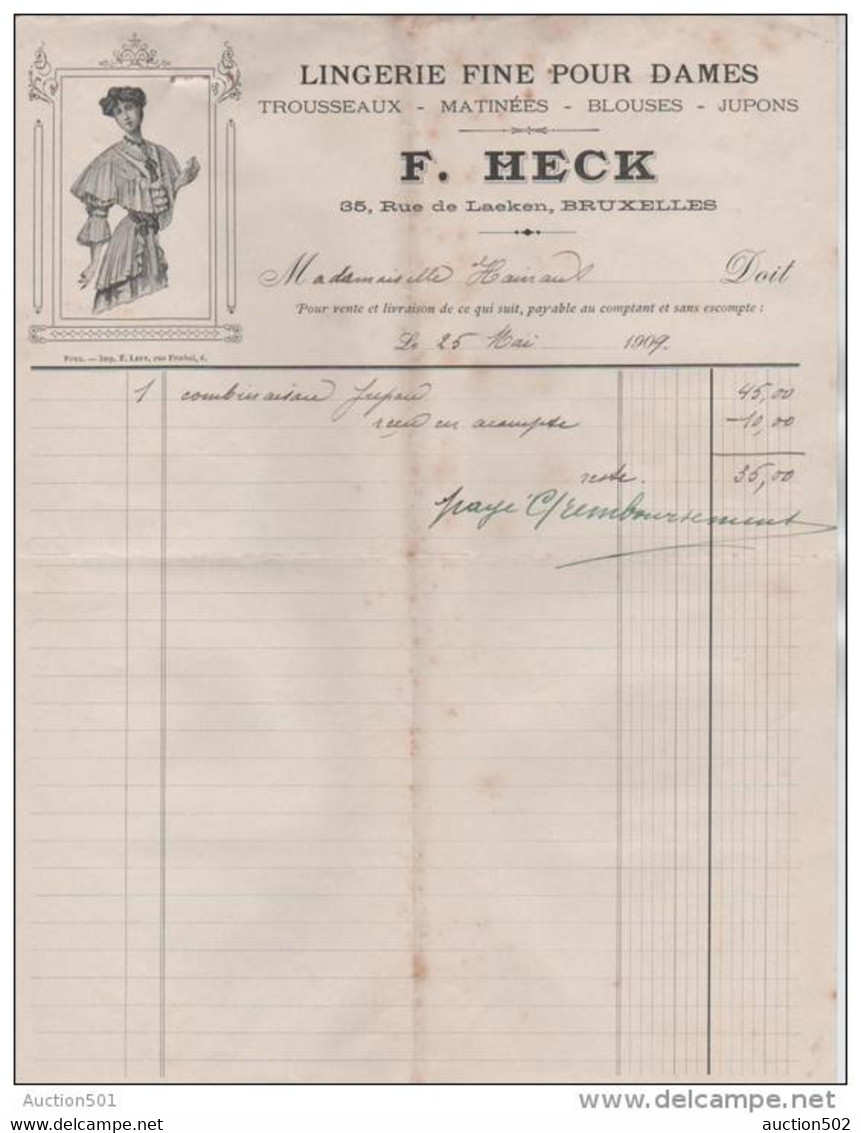 01007a Bruxelles-Brussel 1909 Facture De F. Heck Lingerie Fine Pour Dames - Vestiario & Tessile