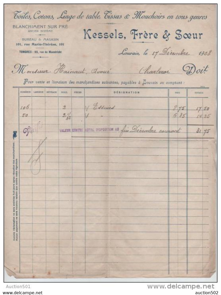 01009a Charleroi 1908 Facture De Kessels Fère Et Soeur Toiles, Cotons, Linge De Table - Textile & Vestimentaire