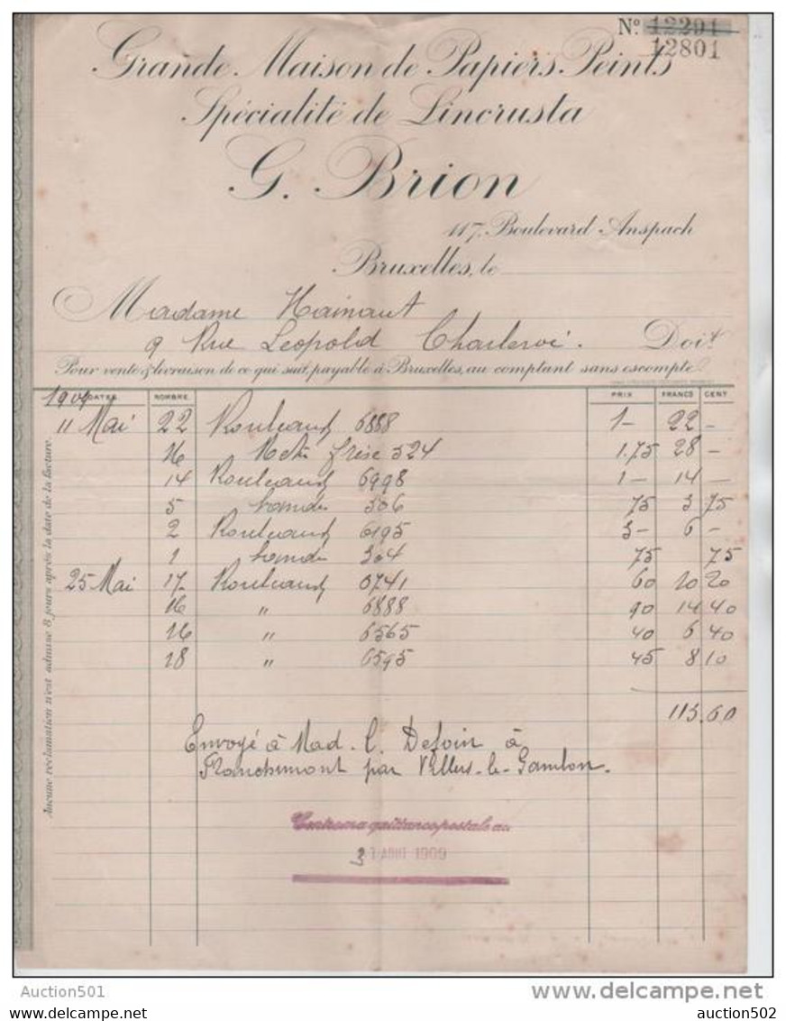 01020a Bruxelles-Brussel 1909 Facture De G. Brion Grande Maison De Papiers Peints - Drukkerij & Papieren