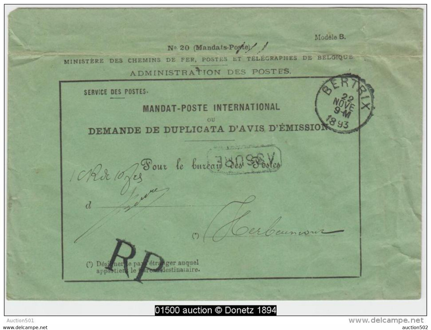 01500a Bertrix 1893 RP Franchise Serv.de Postes Doc. Mandat-Poste Assuré V. Herbeumont Verso Petit Manque - Franchise