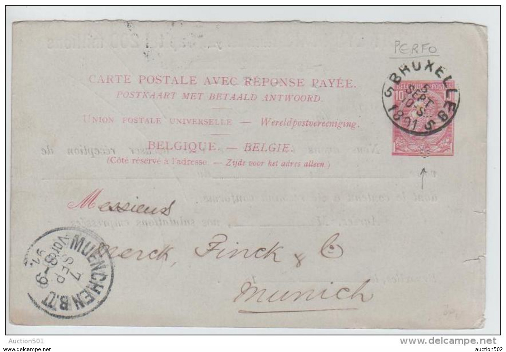 01513a Bruxelles(5)1891 CPRP22 Perforé C.L. Avec Repiquage "Crédit Lyonnais/agence De BXL" V. Münich - 1863-09