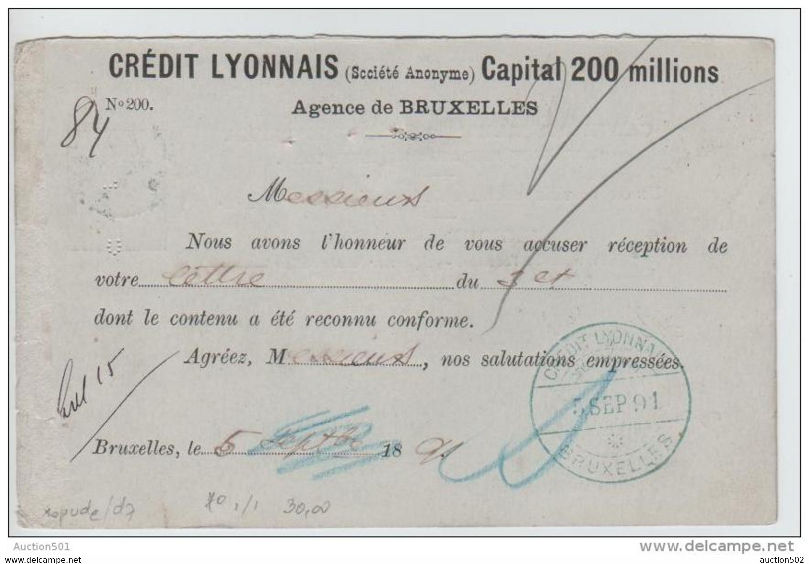 01513a Bruxelles(5)1891 CPRP22 Perforé C.L. Avec Repiquage "Crédit Lyonnais/agence De BXL" V. Münich - 1863-09