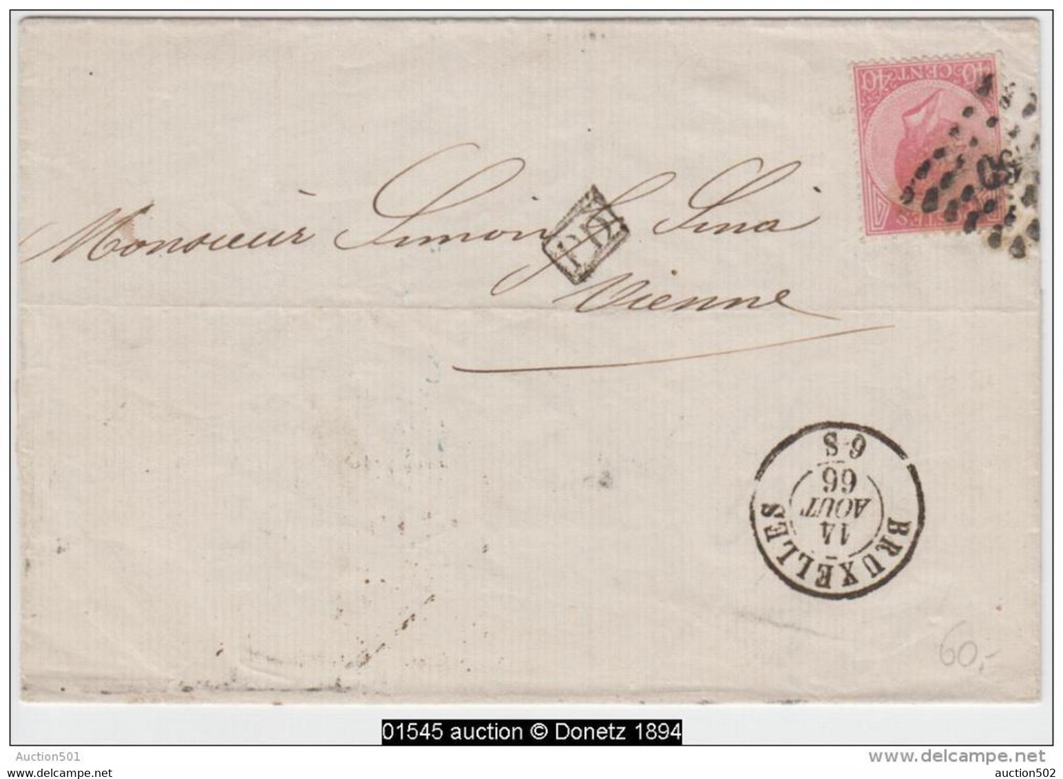 01545a Bruxelles 1866 LP60 TP20 V. Vienne(A)  Verso Gff Bleue Verviers/Coeln - Postmarks - Points