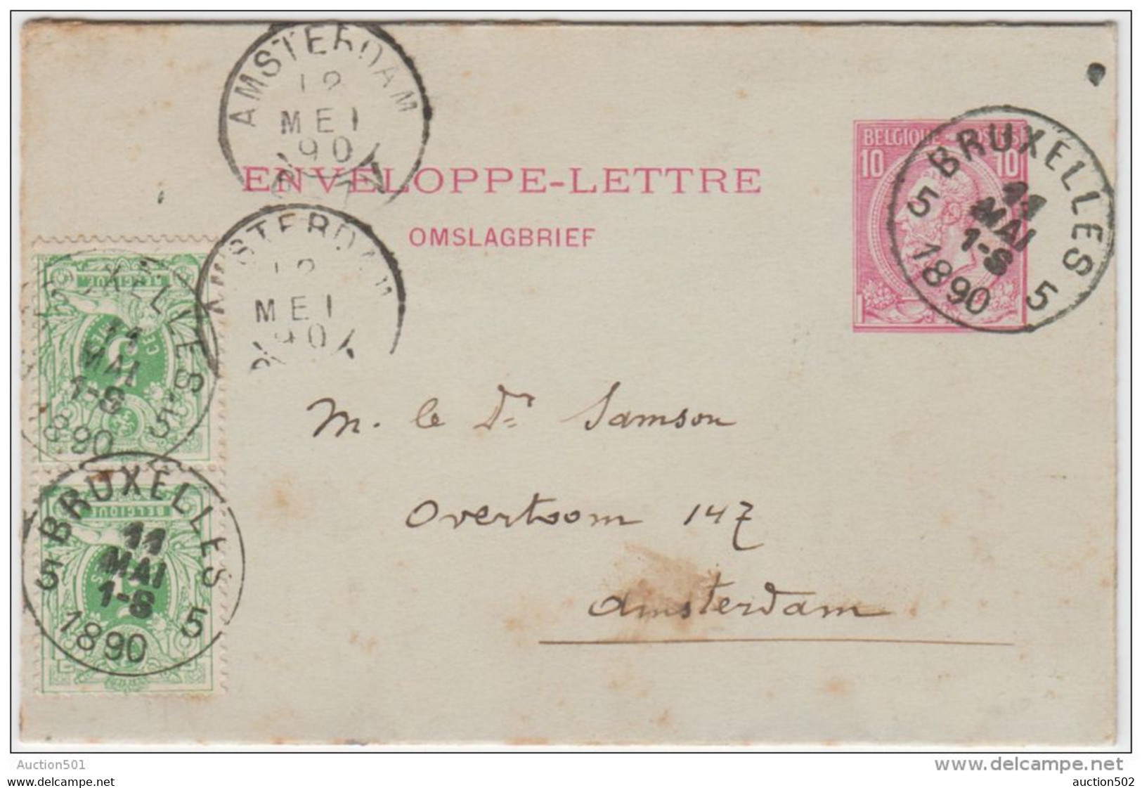 01933a Bruxelles 5 1890 Env. Lettre 1 TP 45 (2) V. Amsterdam C. Arrivée - Letter Covers