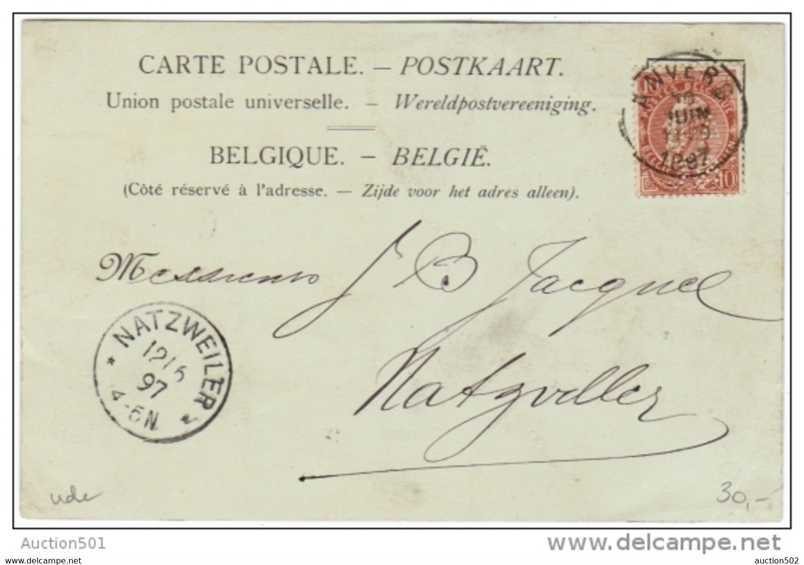 02305 TP 57 Perforé S/CP De La Soc.A. Bulcke & C° C. Anvers 10.6.1897 V. Natzweiler - 1863-09