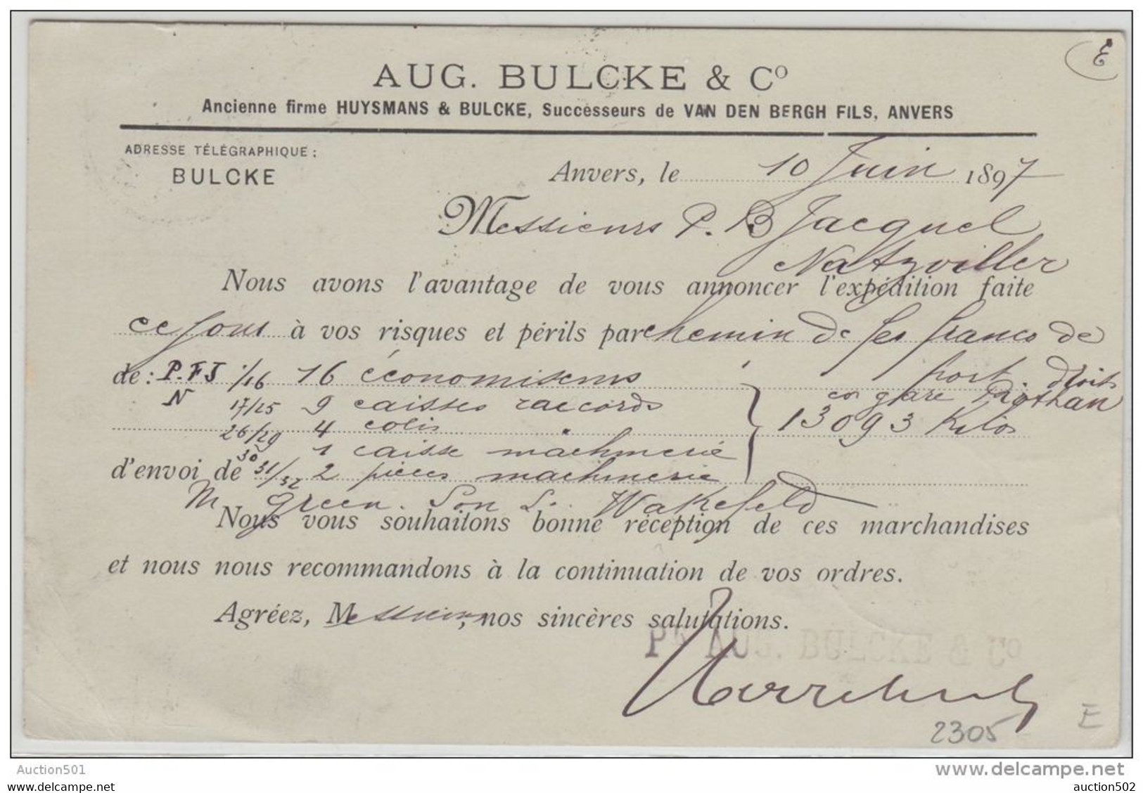 02305 TP 57 Perforé S/CP De La Soc.A. Bulcke & C° C. Anvers 10.6.1897 V. Natzweiler - 1863-09