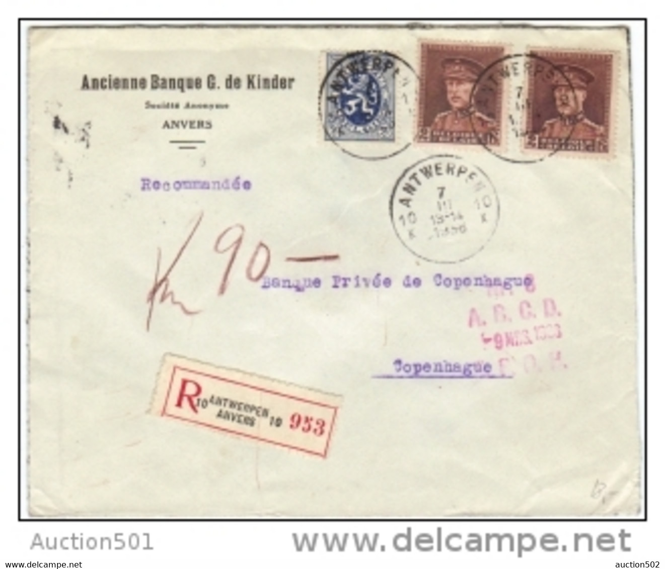 02308 TP 321(2)Albert Kepi-285 S/L. Com. Recommandée Obl. Antwerpen 7.3.33 V. Copenhague(DK) - 1931-1934 Quepis