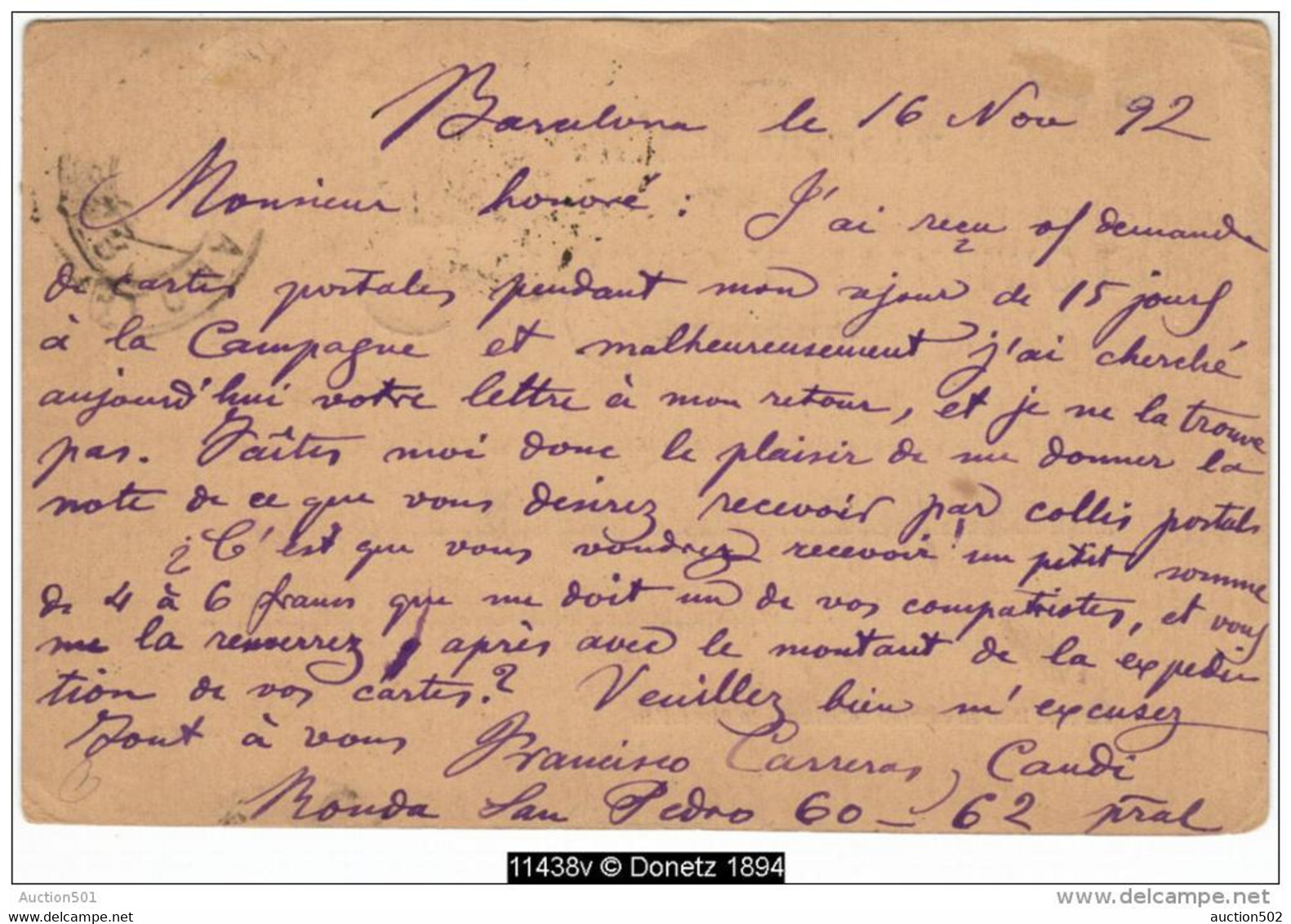 11438 Demi Timbre à 2 Centimos Sur EP à 5 Centimos BARCELONA 1892 Vers J-B Moens à Bruxelles - 1850-1931