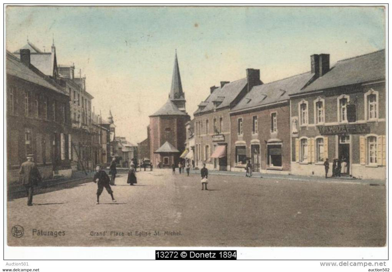 13272g GRAND'PLACE  Et Eglise St. Michel - Pâturages - 1909 - Colorisée - Colfontaine