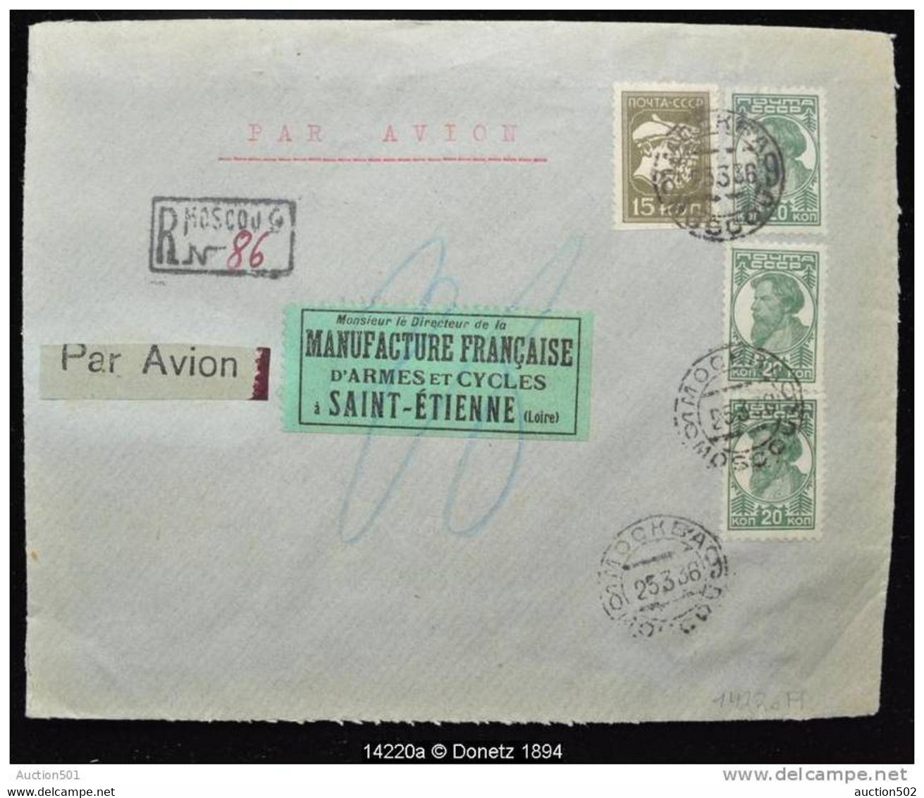 14220 Par Avion De Moscou Vers Saint Etienne, 2 Enveloppes 1936 - Brieven En Documenten