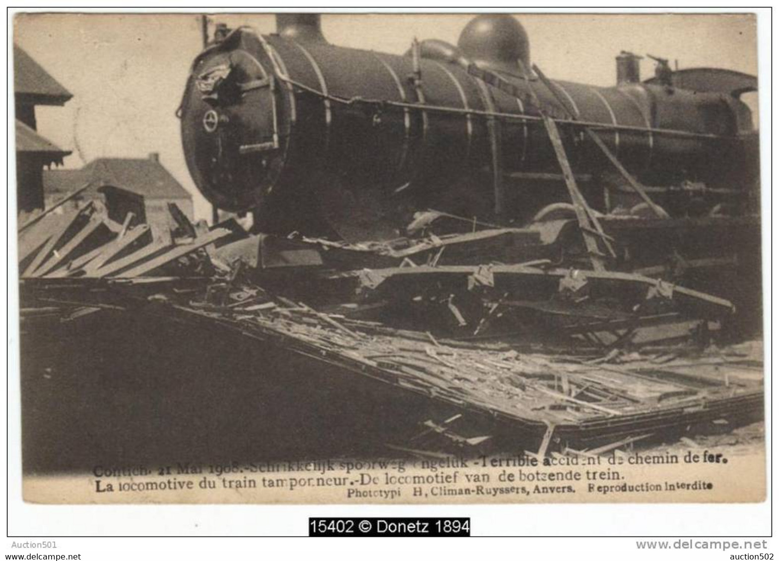 15402g CHEMIN DE FER - LOCOMOTIVE -  VOITURE DE DEUXIEME CLASSE - UN BLESSE - Accident Contich 1908 - Lot 3 Cartes - Kontich