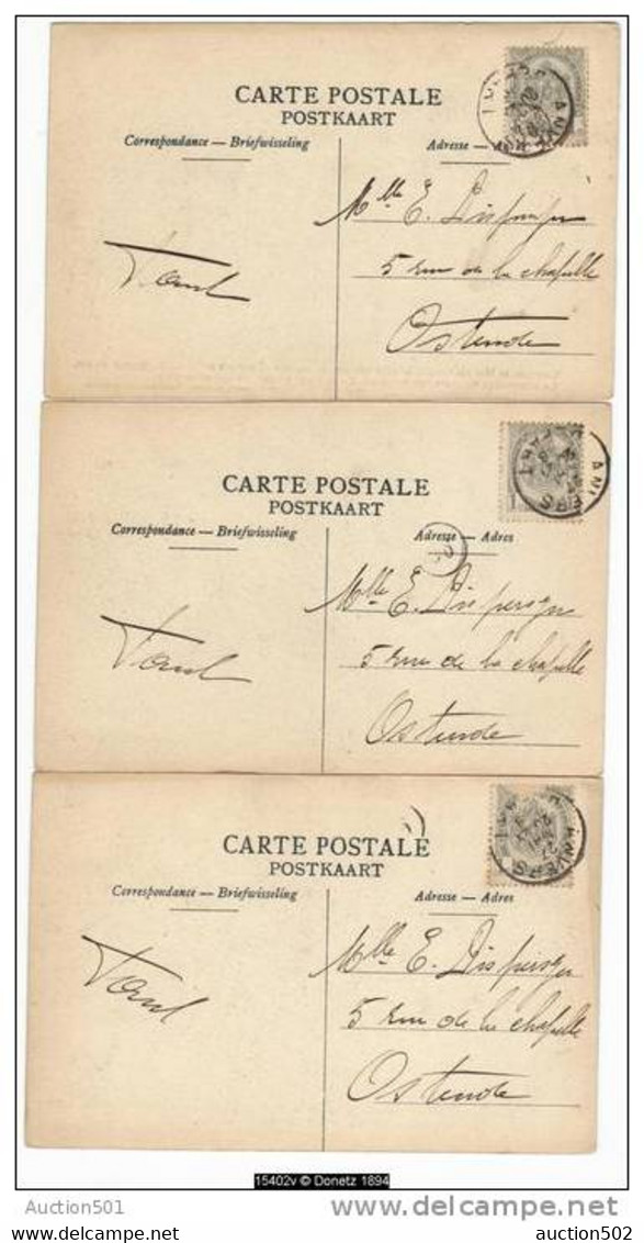 15402g CHEMIN DE FER - LOCOMOTIVE -  VOITURE DE DEUXIEME CLASSE - UN BLESSE - Accident Contich 1908 - Lot 3 Cartes - Kontich