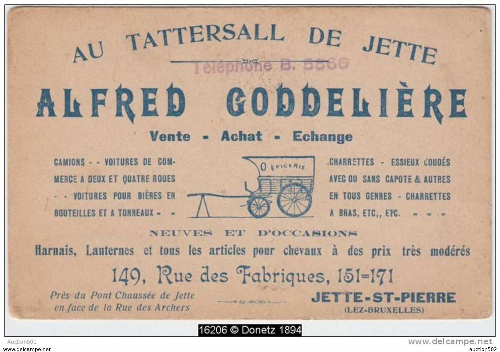 16206g A. GODDELIERE - Au Tattersall - Achat - Vente - Voitures - Charrettes - Jette-St-Pieters - Carte Publicitaire - Jette