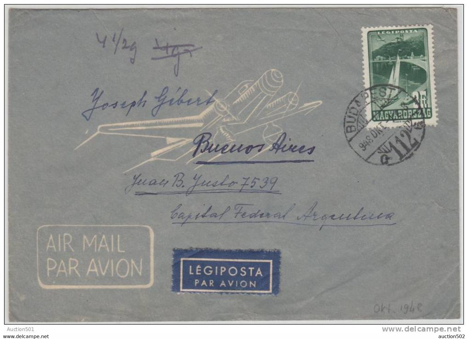 16891 BUDAPEST 948 OKT 1 Airmail Cover To Argentina - Single Franking 3 Forint - Cartas & Documentos