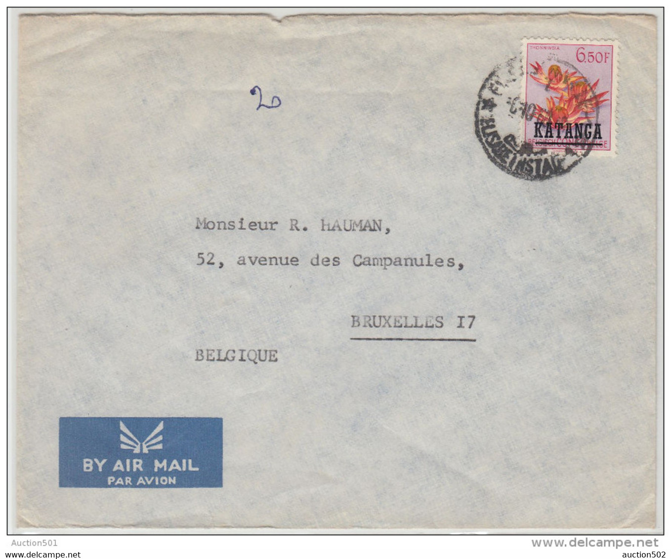 20269 6F50 Fleur S/L AVION Obl Bureau Elisabethville 1 Du 06-10-1960 Vers La Belgique - Katanga
