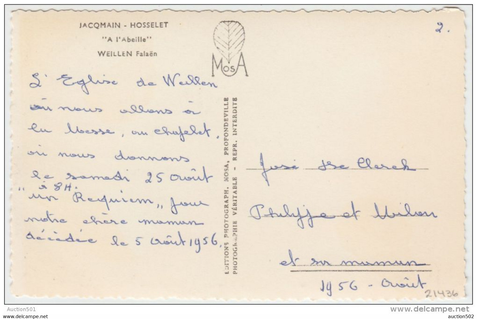 21436g CHATEAU - EGLISE - Weillen - "Jacqmain - Hosselet - A L'Abeille" Au Verso - Carte Photo - Onhaye