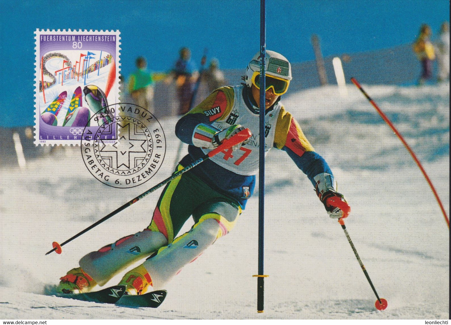1993 Liechtenstein MC 121 Mi:LI 1077°, Yt:LI 1018°, Zum:LI 1019°, Olymp. Winterspiele Lillehammer 1994,  Ski Slalomlauf - Invierno 1994: Lillehammer