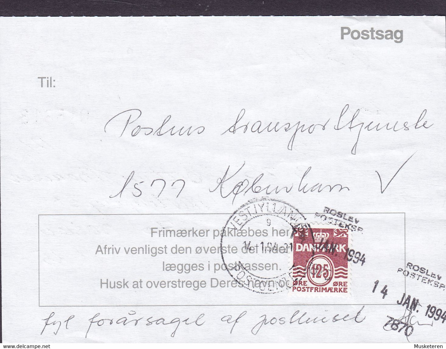 Denmark Regning Manglende Porto Bill TAXE Postage Due To USA Line Cds. ROSLEV POSTEXP. 1994 Postsag (2 Scans) - Cartas & Documentos